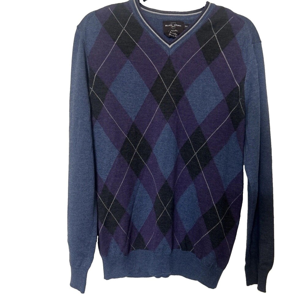 Black Brown 1826 Merino Wool Argyle Mens S V Neck Purple Blue Sweater Italy